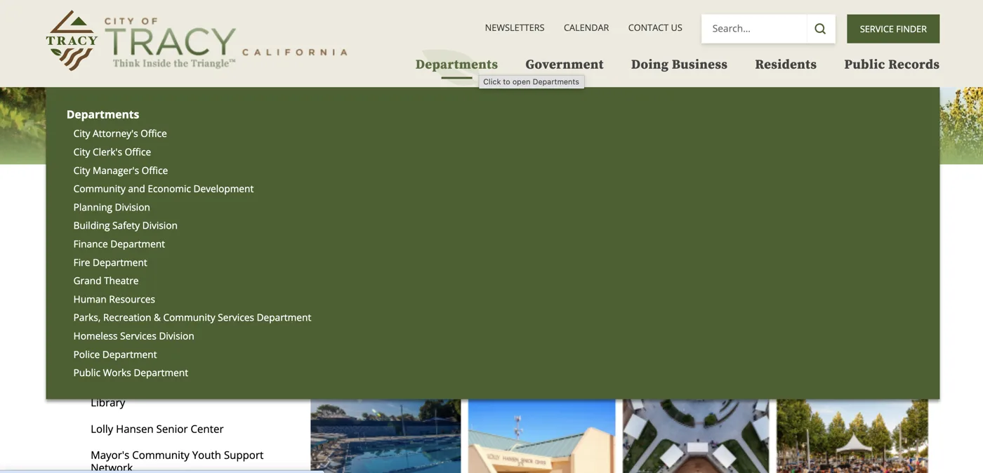 Old Departments menu: a single green column of fifteen links mixing departments and divisions