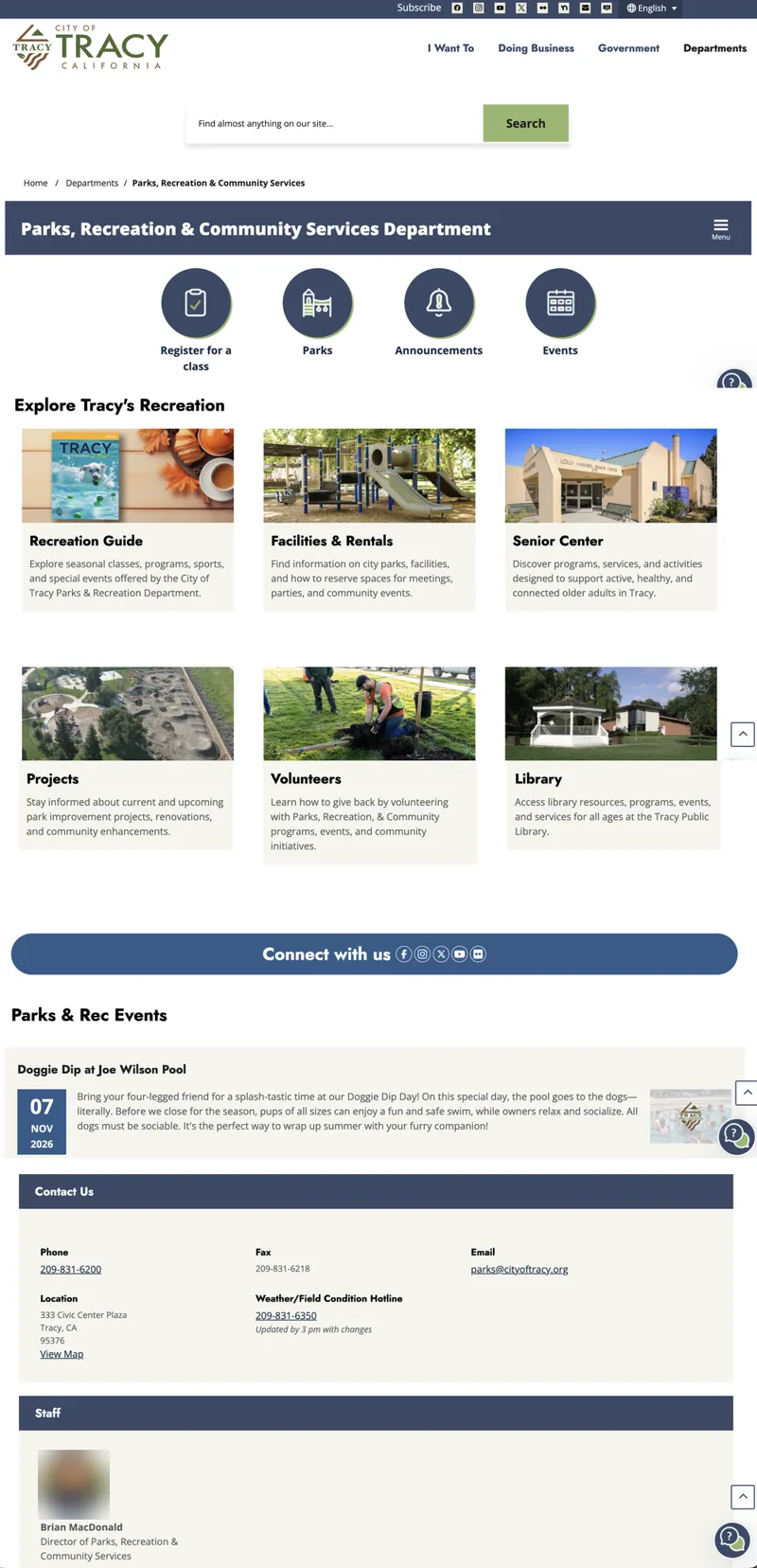 New Parks page, full length: four quick actions, an Explore Tracy's Recreation grid of six photo cards, a Connect with us bar, an events feed, a structured Contact Us panel, and a staff card