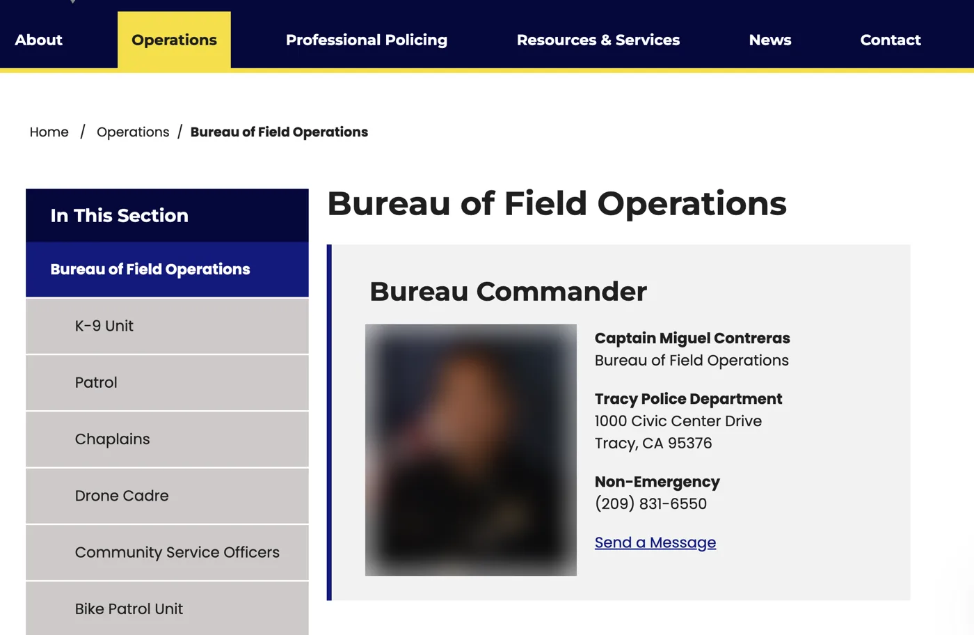 Bureau of Field Operations page opening with a Bureau Commander contact card next to the section menu