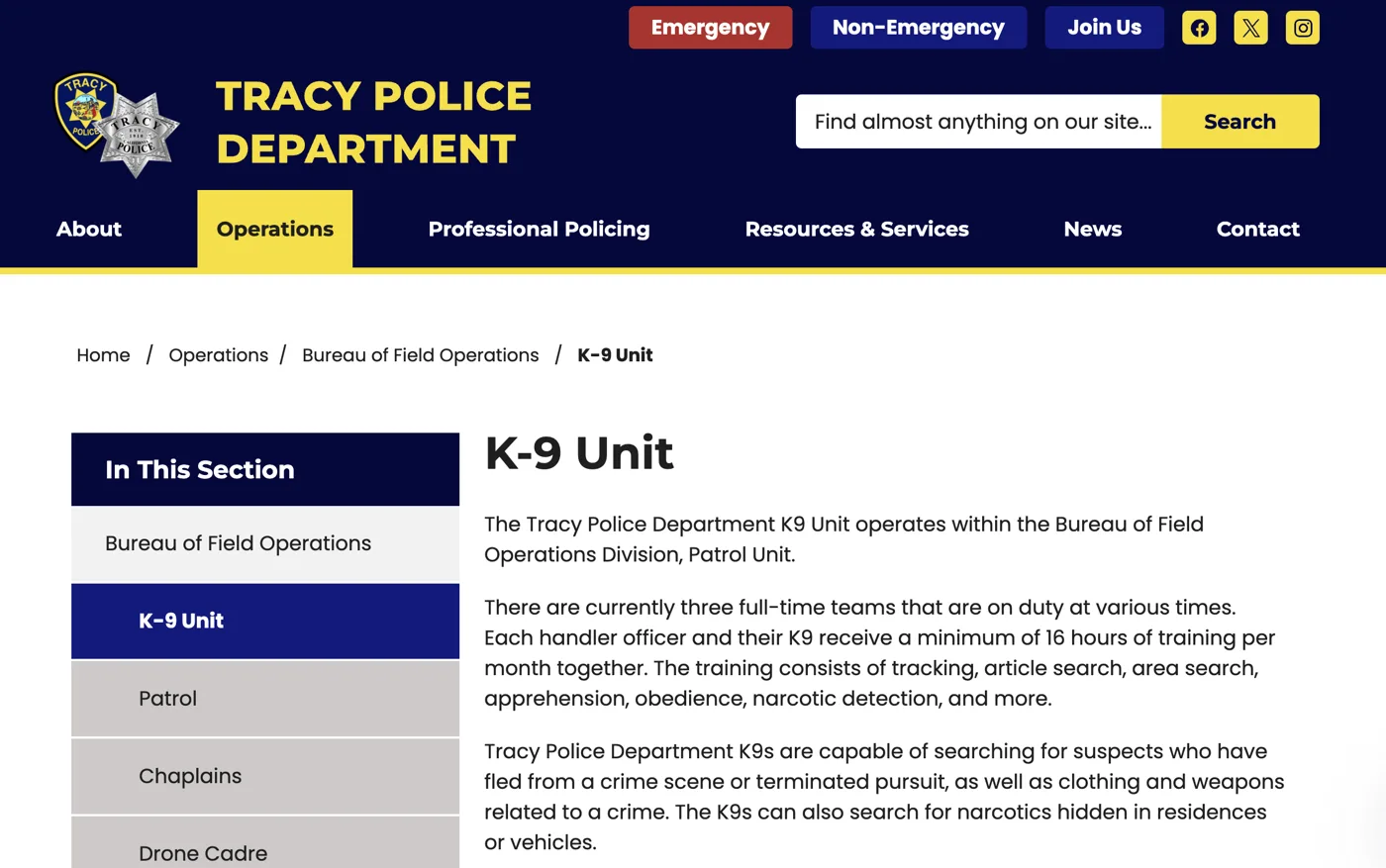 New K-9 page: title and body text near the top, full breadcrumb, and an In This Section menu listing the bureau's units